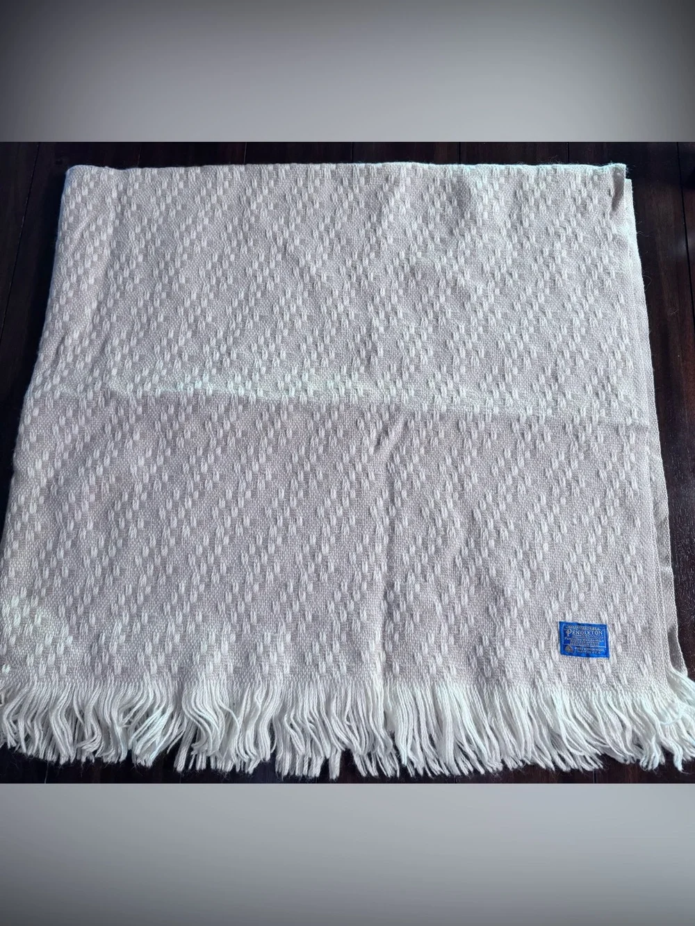 Vintage Pendleton Cream Textured 100% Virgin Wool Blanket with Fringe